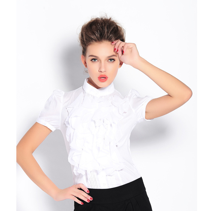 2025 Spring/Summer New Women's European Style Business Wear White Shirt Stand Collar Lace Trim Women's Short Sleeve One-Piece Shirt