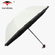 波点时尚色胶太阳伞防紫外线三折遮阳伞蕾丝边雨伞BSCI认证企业