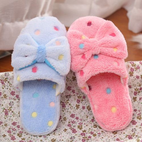 New Bow Cotton Slippers Women's Cute Winter Warm Cotton Slippers Home Non-Slip Indoor Floor Fur Slippers