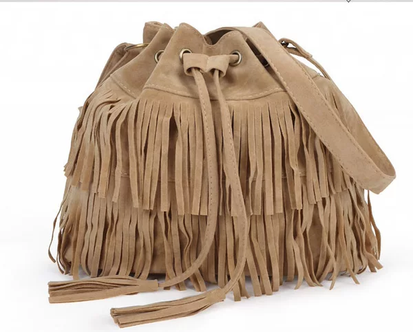 2015 New European and American Simple Retro Tassel Drawstring Bucket Tassel Bag Shoulder Crossbody Women's Bag Factory Outlet