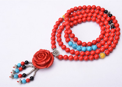 批发毛衣链玫瑰花款朱砂石毛衣链 红色珠子毛衣链|ms