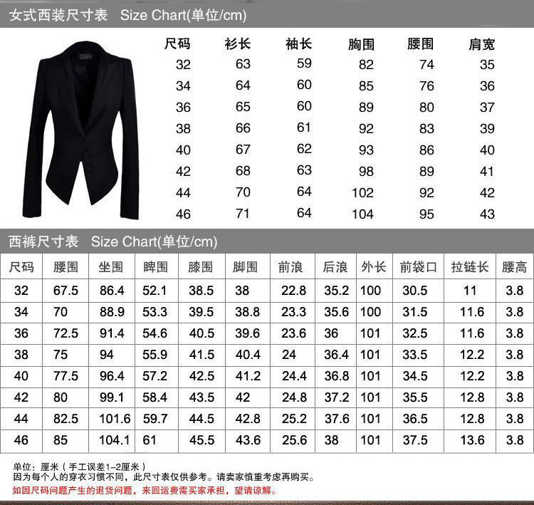 女士西裝尺寸表
