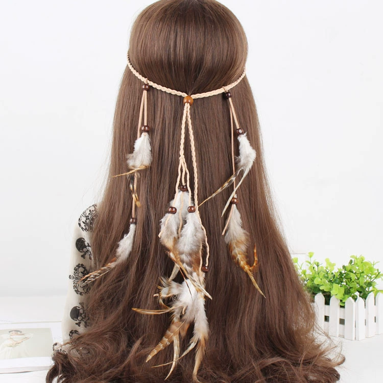 Handmade Boho Feather Headband, Ethnic Indian Hair Accessory, Adjustable with Wooden Beads