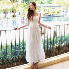 夏季拼接長裙純色高腰波點大擺型雪紡吊帶型白色氣質通勤連衣裙