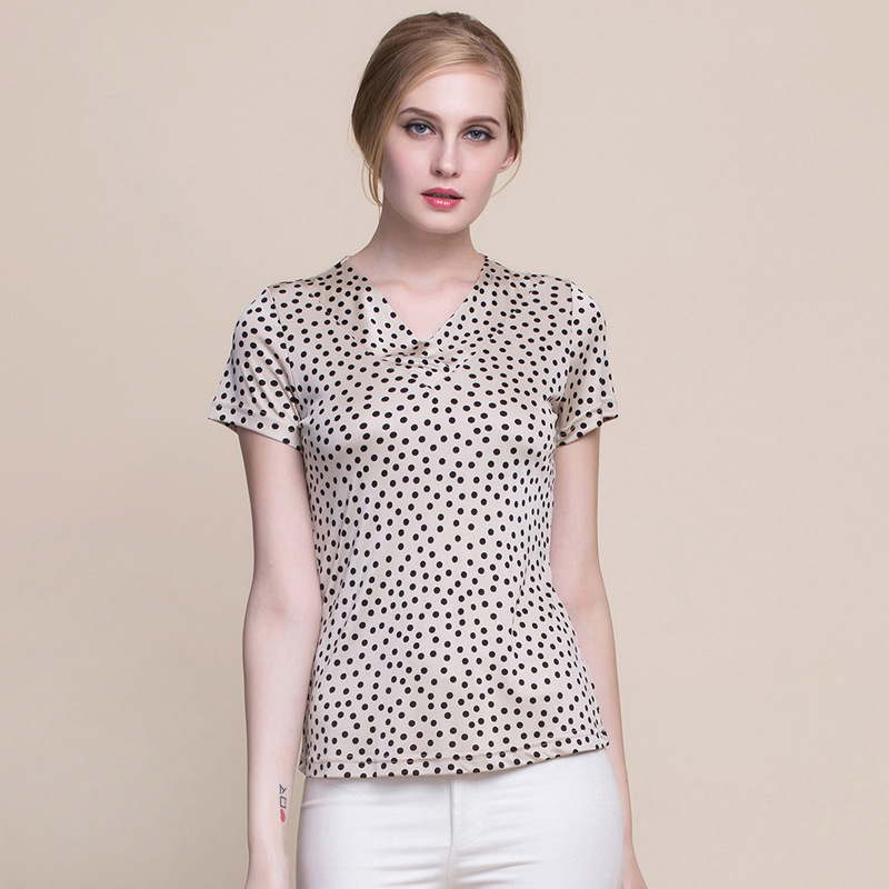 Silk V Neck Short Sleeve T Shirt 100 Mulberry Silk Double Sided Knit Floral Print Summer Casual Wear Wholesale
