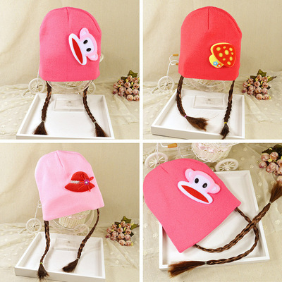 新款秋冬季韓版嬰兒童帽子寶寶帽子 假發辮子毛線童帽冬季童帽女