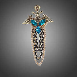 欧美流苏链复古宫廷胸花皇冠双头鹰翅膀标志徽章水晶胸针brooch