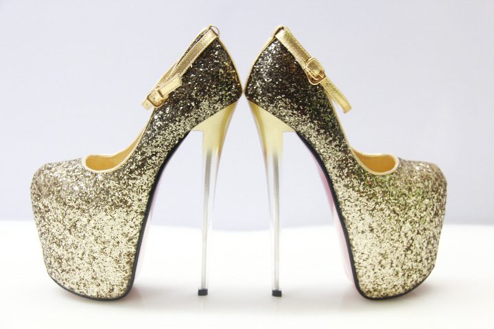 Giày cao gót nữ mũi nhọn đính sequin phối màu, gót siêu mỏng 19 cm, phong cách quyến rũ — Màu vàng chi tiết 2