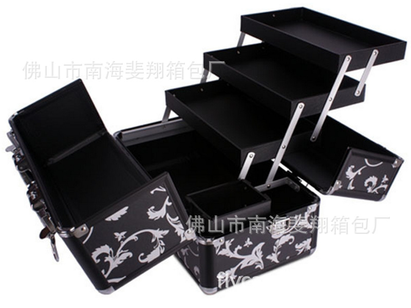 供应新款花纹面料双开铝箱 化妆箱 铝合金化妆箱 双开折叠化妆箱