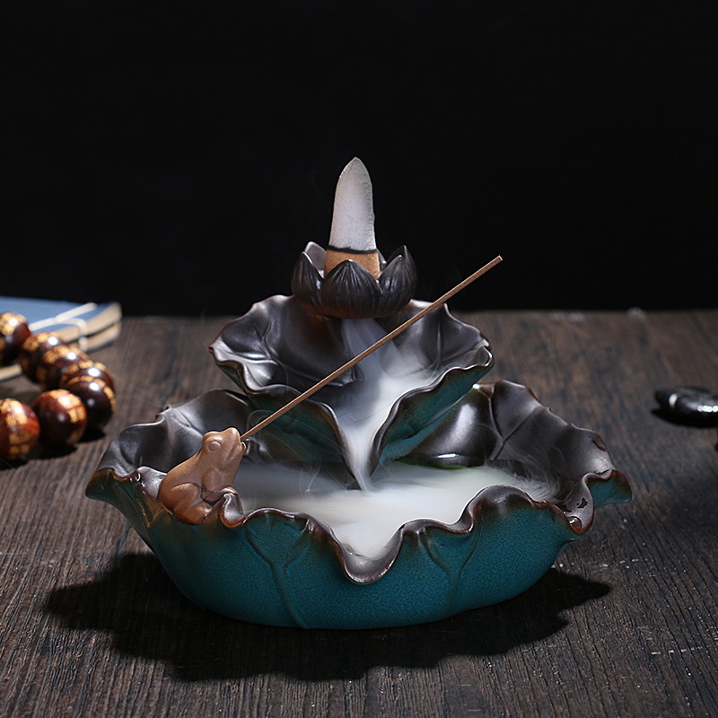 跨境新品陶瓷倒流香炉家居饰品 创意陶瓷绿色荷叶青蛙倒流檀香炉