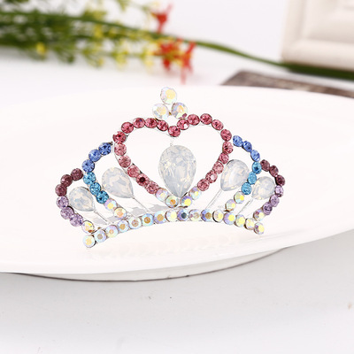 韩版新娘水晶发饰皇冠爱心发梳合金镶钻彩色婚庆盘头公主发冠头饰|ms