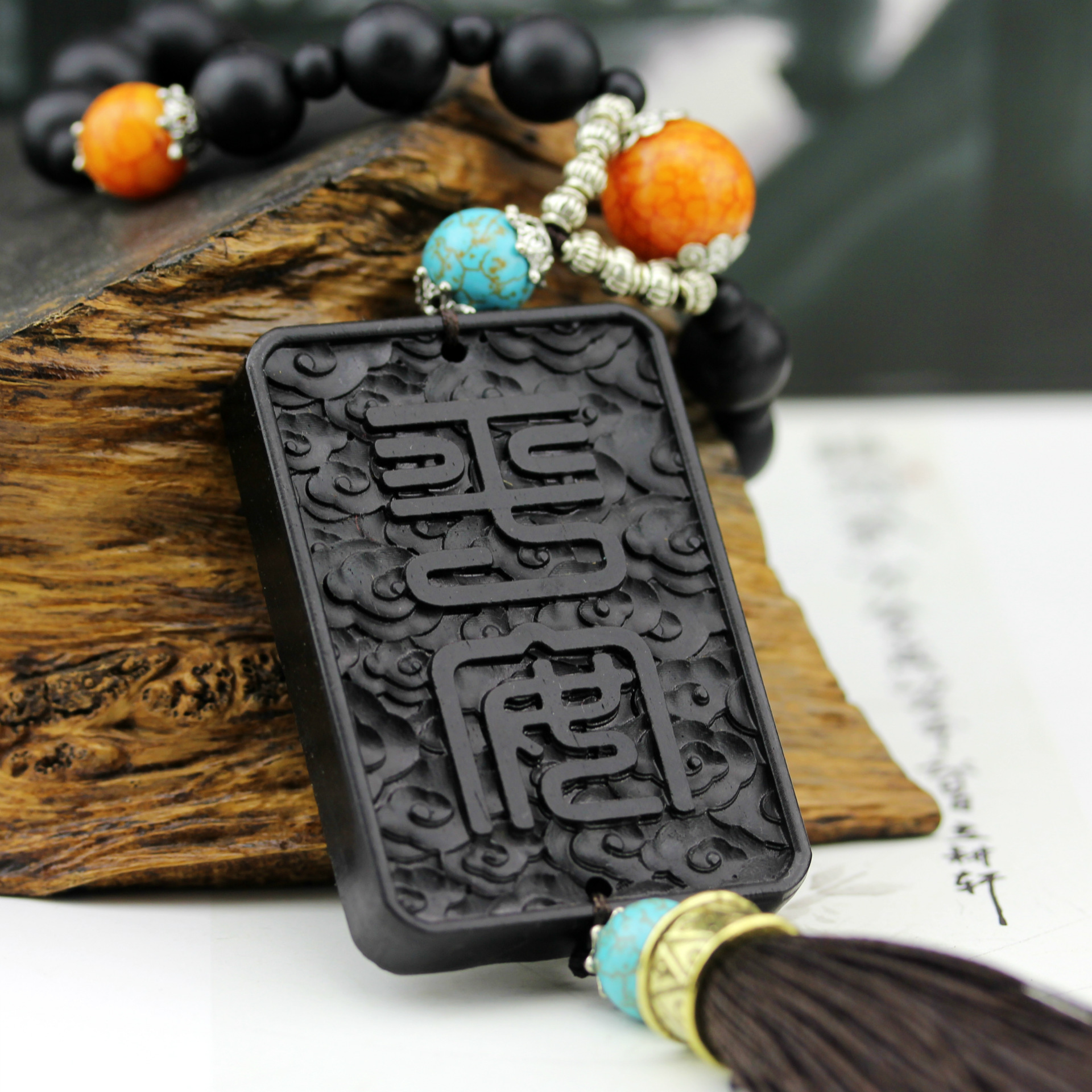 爆款網紅汽車挂件定制 黑檀木雕汽車內飾用品 木質平安吉祥車飾