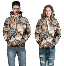 欧美风情侣装代理宽松时尚新款带帽上衣3D数码印花小猫咪带帽卫衣