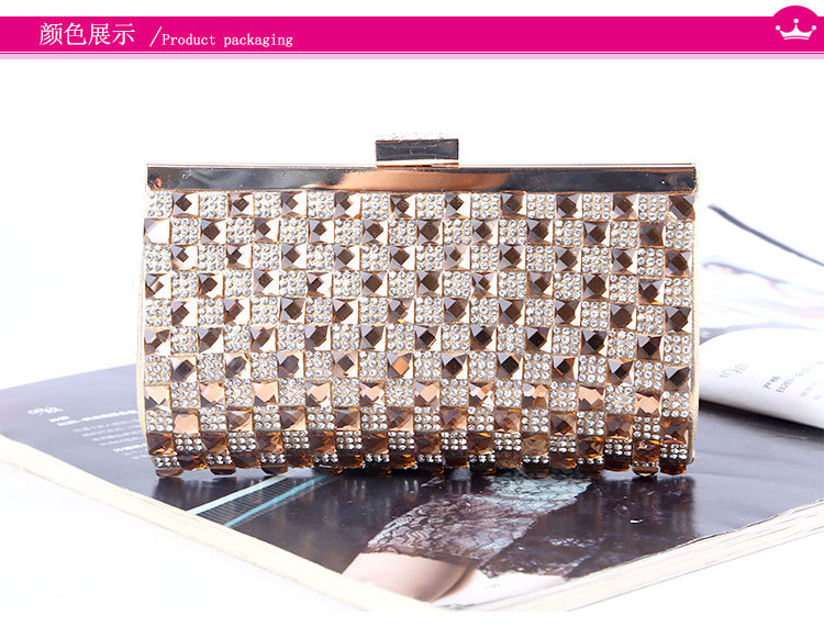 Crystal Dinner Bag Horizontal Pu Diamond Clutch Bag Square Rhinestone Bag Evening Bag display picture 9