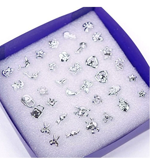 Earrings set 18 pcs, silver plastic studs in gift box 6×6×2 cm, 1 cm posts
