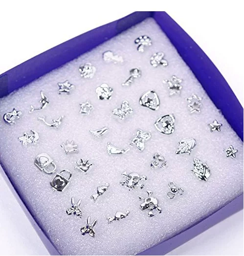 Earrings set 18 pcs, silver plastic studs in gift box 6×6×2 cm, 1 cm posts