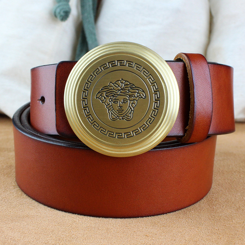 Round copper buckle men's leather belt,...