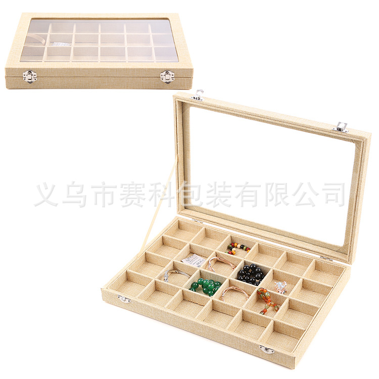 批发麻布开窗24格美甲收纳箱展示箱珠宝箱展示箱收纳盒饰品盒图片 高清大图 阿里巴巴
