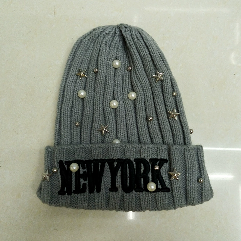 Бисерная игла жемчуг, шерстяная теплая knitted шапка с буквами