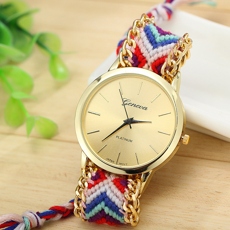 新款日内瓦编织手表 手工编织彩色拉绳手表 外贸DIY女士毛线手表