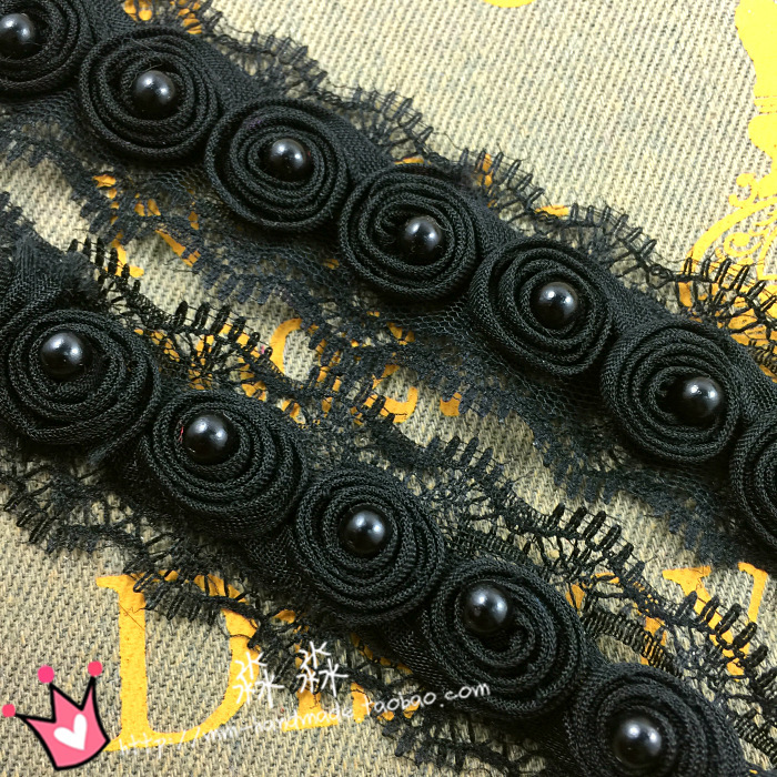 厂家直销黑色镂空网纱刺绣带珍珠蕾丝花边 供应裙摆DIY服装辅料