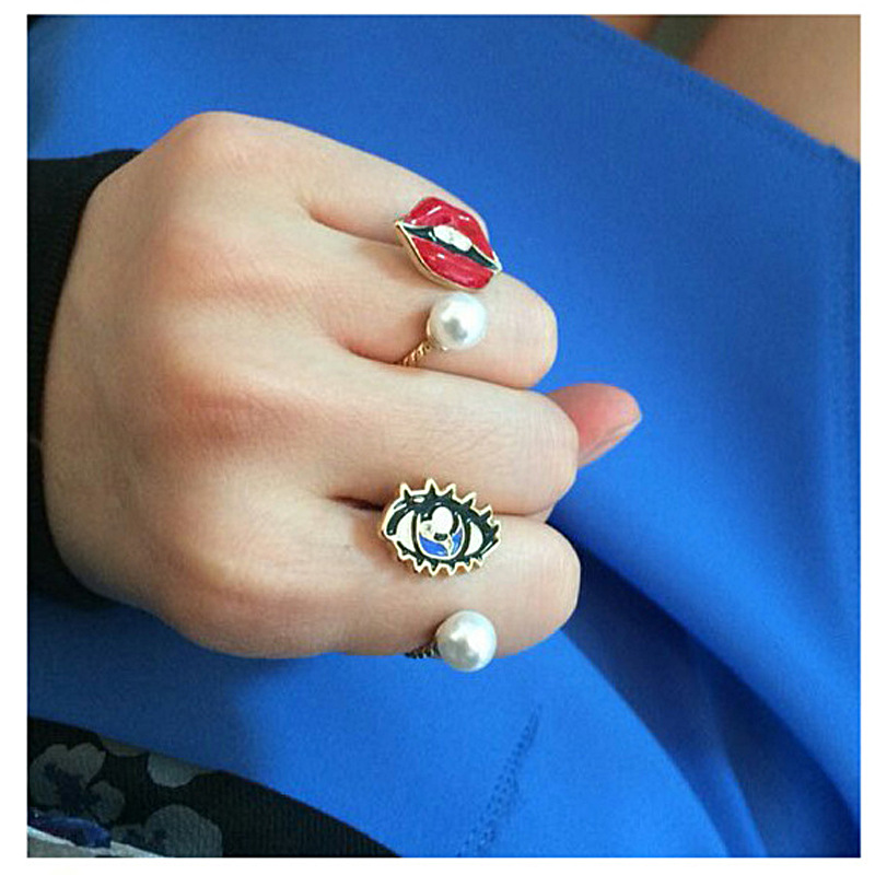 Vintage Jewelry Pearl Eyes Gem Joint Ring Ring New Lips Open Ring display picture 6