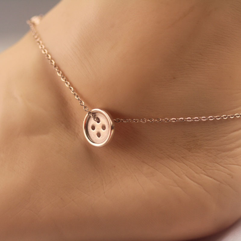 新款韩版蕾丝脚链韩国时尚简约纽扣金丝欧美脚饰复古钛钢饰品|ru