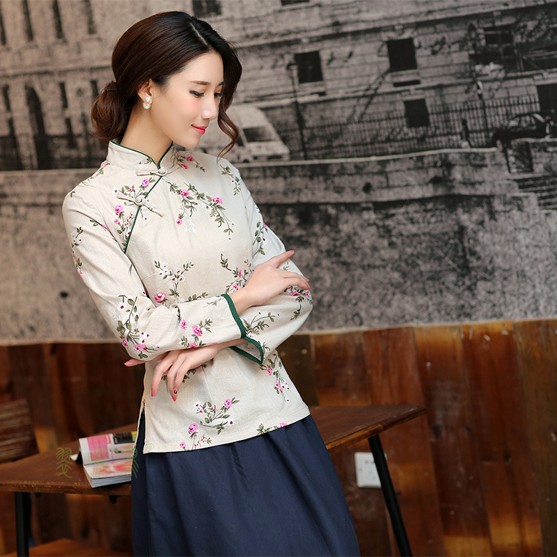棉麻唐装上衣_女式纯手工一字扣立领七分袖改