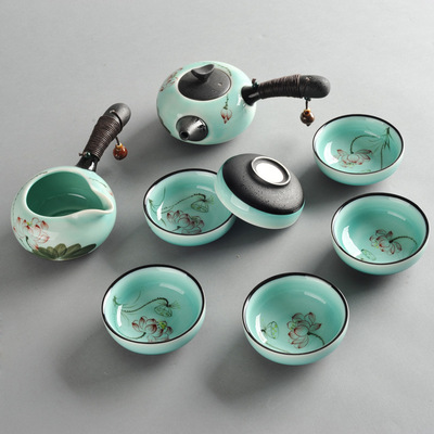 茶具茶壶茶杯荷花手绘粗陶青瓷功夫茶具青花瓷整套陶瓷茶具礼盒装