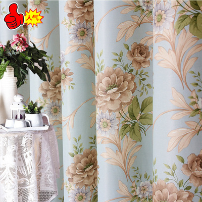 海甯許村窗簾廠家直銷批發零剪雙面印花遮光窗簾布藍色牡丹印花