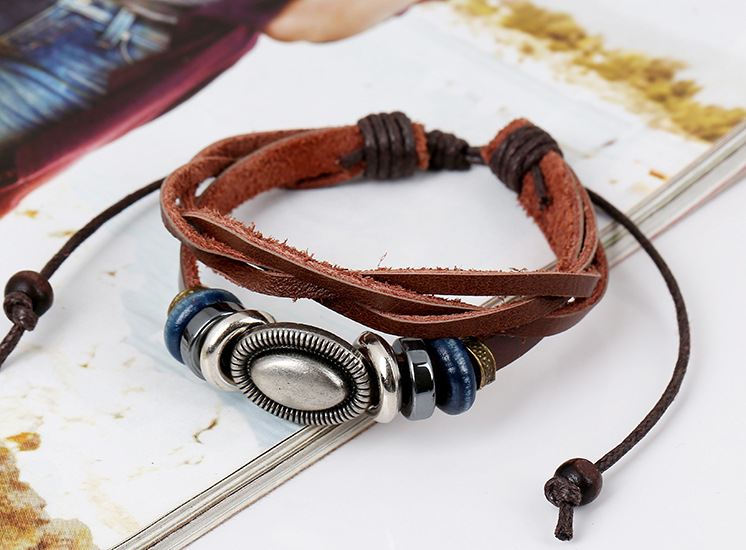 Handmade String Wood Beads Woven Leather Bracelet Wholesale display picture 1