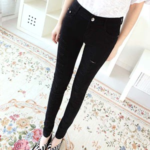 South Korea fashion small jeans hole black white jeans