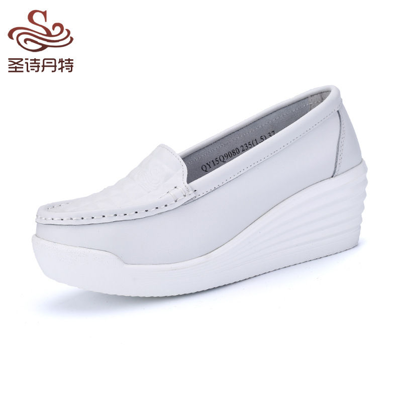 坡跟厚底松糕鞋四季款舒适牛皮护士鞋休闲坡跟女鞋9080