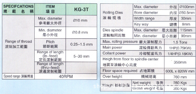 KG-3T滚牙机详细参数
