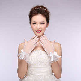 2024批发新娘婚纱礼服饰手套全指对花缎缝珠白色手套厂家直特价女