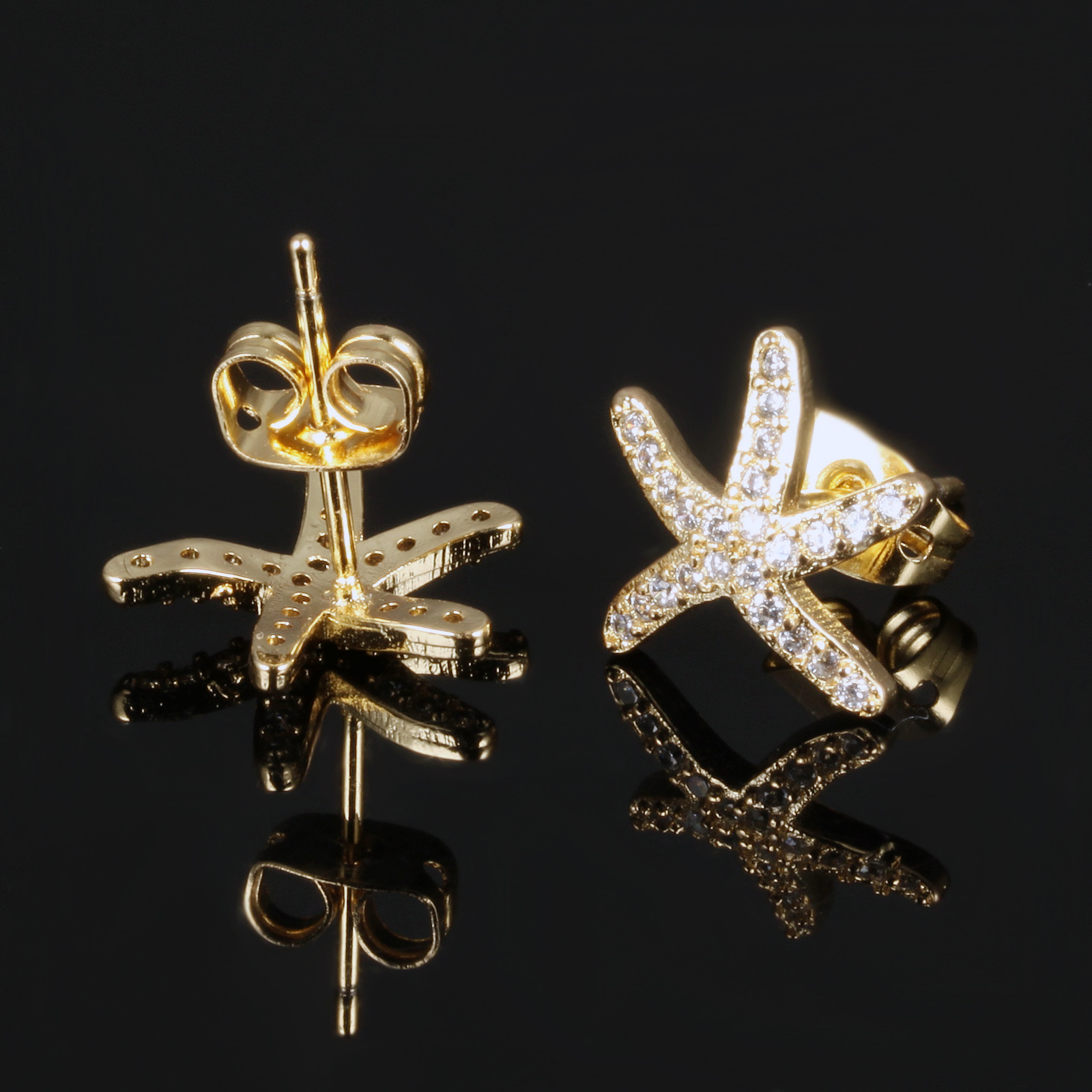 跨境时尚新品 微镶锆石海星女士耳钉 镀金色小耳饰 饰品批发代销