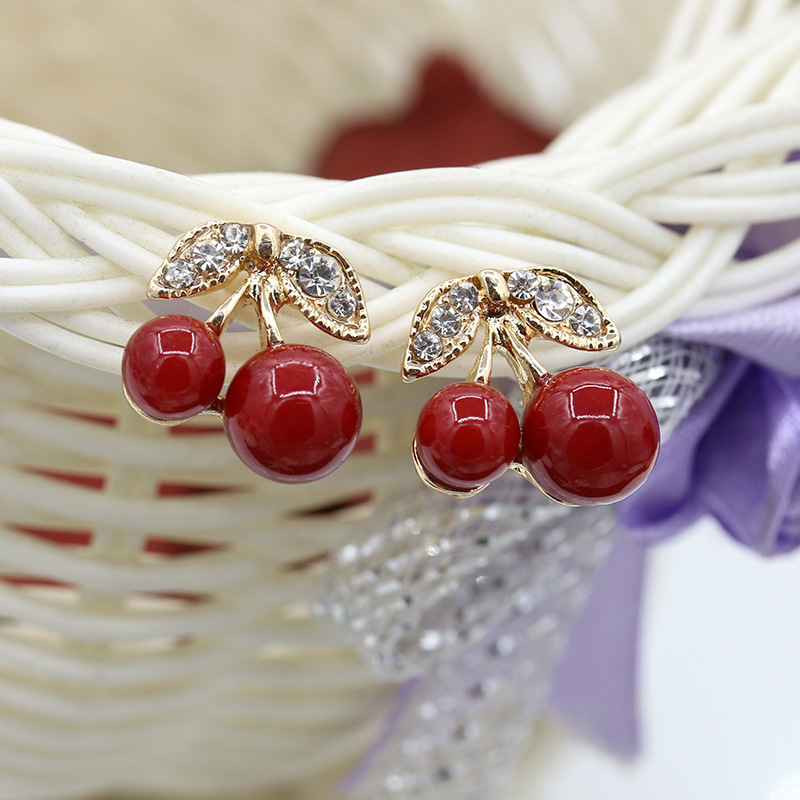 Cute Diamond Leaf Cherry Earrings display picture 5