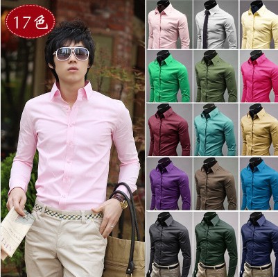 Foreign trade solid color men's shirt men's candy color men's leisure long sleeve shirt 17 colors optional good quality