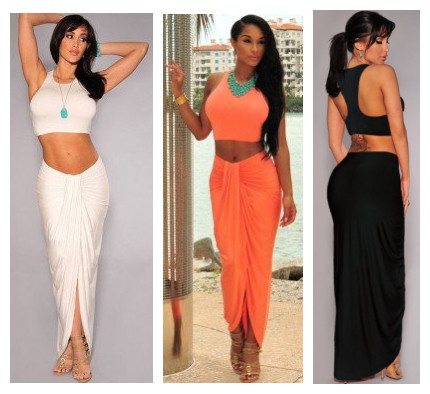 Fashionable Womens Summer Crop Top and Long Skirt Set Irregular Design Tie Detail Cotton Fabric Casual or Beach Wear