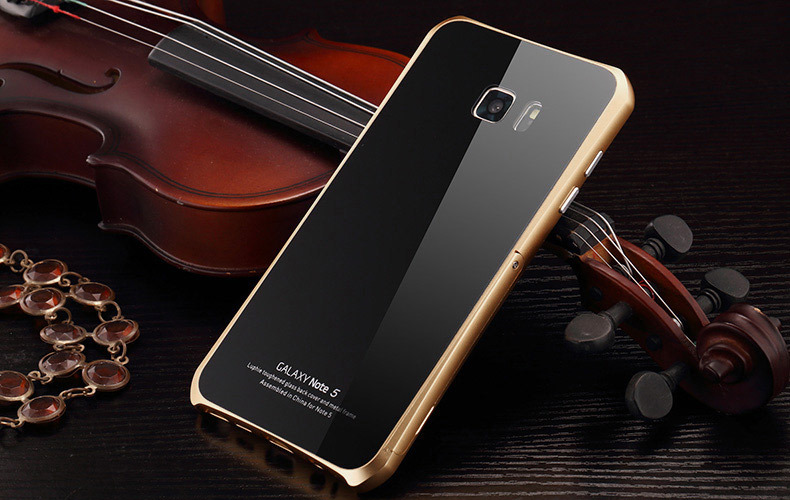 Luphie Aircraft Aluminum Metal Frame 9H Tempered Glass Back Cover Case with Kickstand for Samsung Galaxy Note 5 N9200