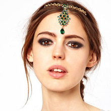 印度风饰品印度公主额饰眉心坠古典绿色镶钻链夸张发带发饰女