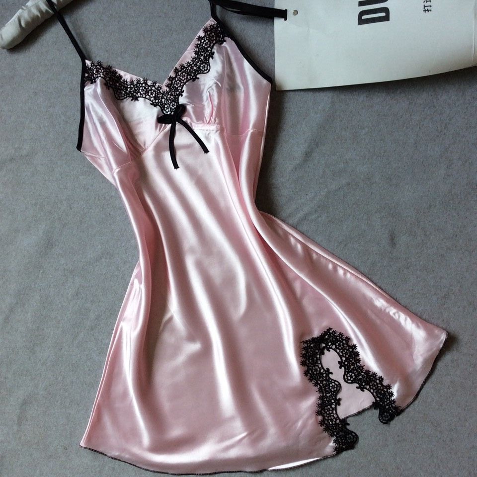 Summer Imitation Silk Ladies Suspender Nightdress Sexy V-neck Spinning Silk Satin Pajamas