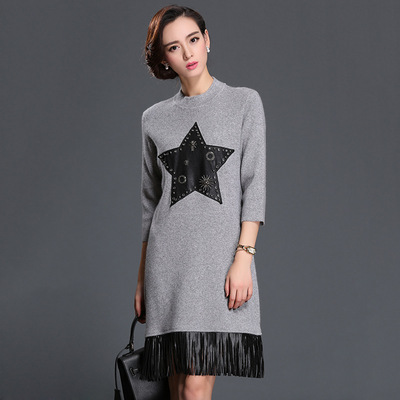 韩依优品2016欧洲站女式貂绒打底衫针织衫中长款拼接流苏毛衣女冬|ru