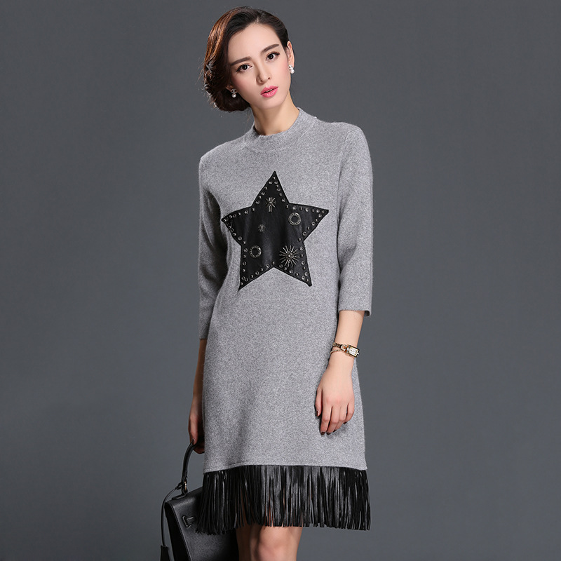 韩依优品2016欧洲站女式貂绒打底衫针织衫中长款拼接流苏毛衣女冬|ru