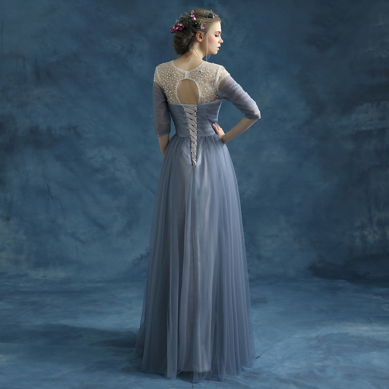 Wholesale Round Neck Mid-Sleeve Diamond Ornaments Bride Bridesmaid Dinner Banquet Annual Meeting Wedding Dress Evening Dress 2024 New Style