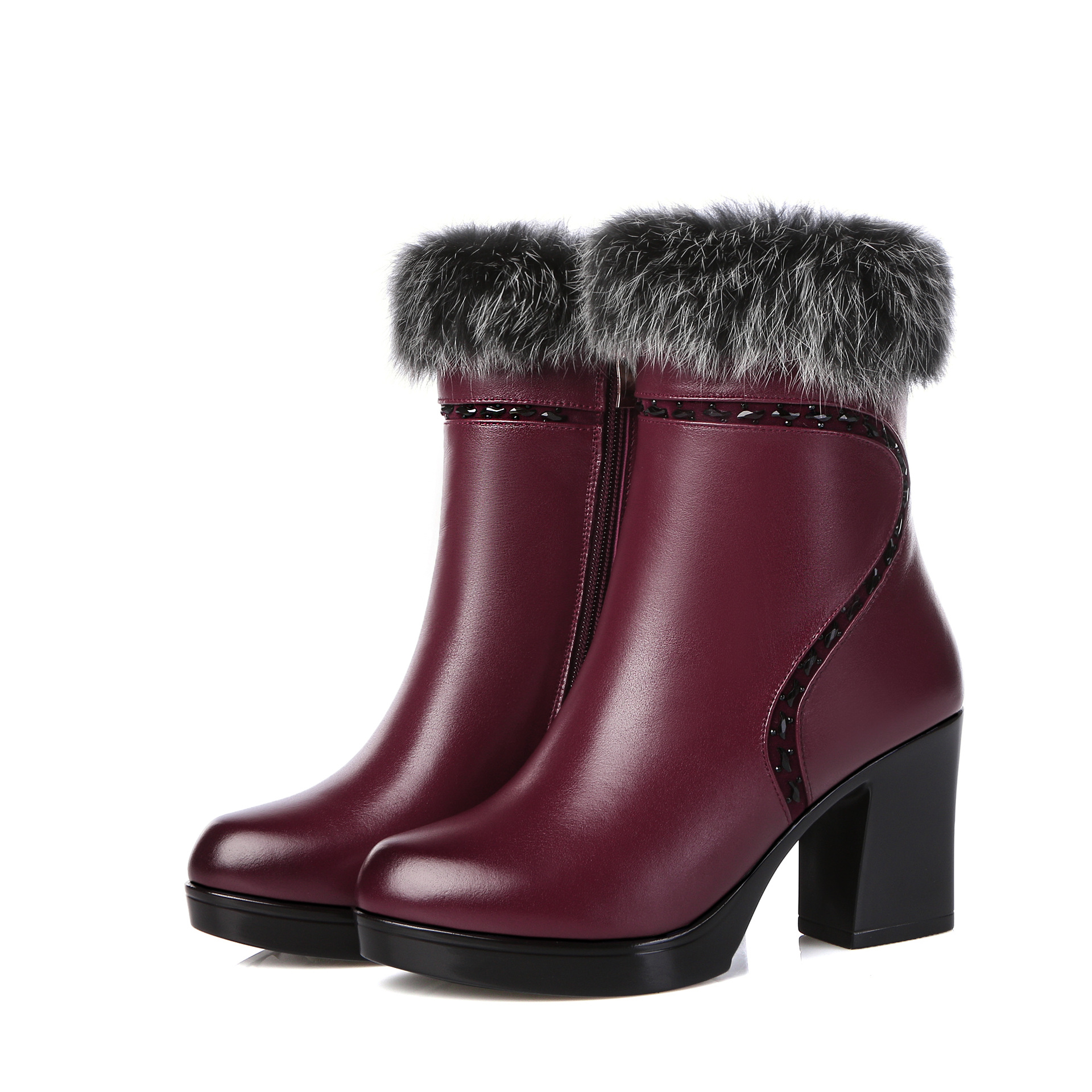 冬季新款低调轻奢时尚女靴 头层牛皮保暖加绒高跟女士冬棉靴