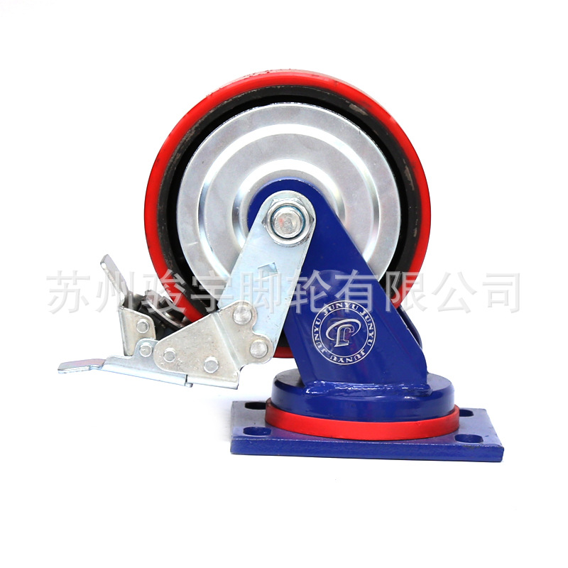 厂家供应 重型脚轮 蓝架脚轮 PU脚轮 静音耐磨 6寸万向轮带刹车