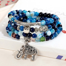 泰國佛牌藍瑪瑙自然水晶手鏈女韓版時尚多層藍紋佛頭大象手飾飾品