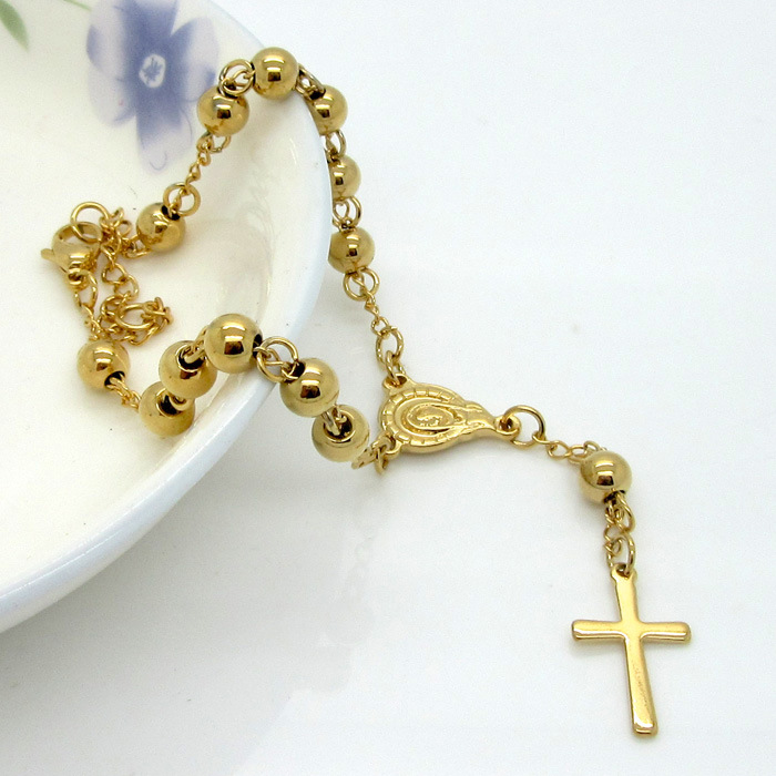 Street Occasion Vacuum Plating Real Gold Plated Cross 304 Stainless Steel Titanium Steel Fashion Waterproof Non Tarnish 304 Stainless Steel Rosary Bracelet