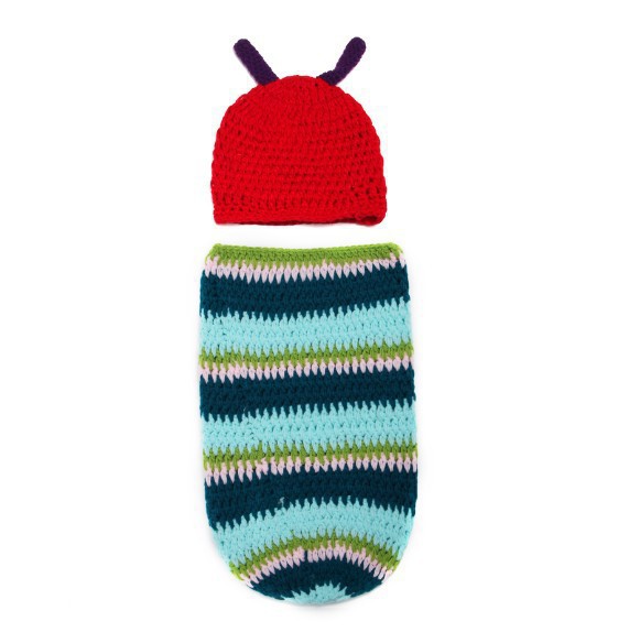 钩针编织帽子和睡袋 可爱宝宝婴儿毛毛虫手工编织服装摄影道具